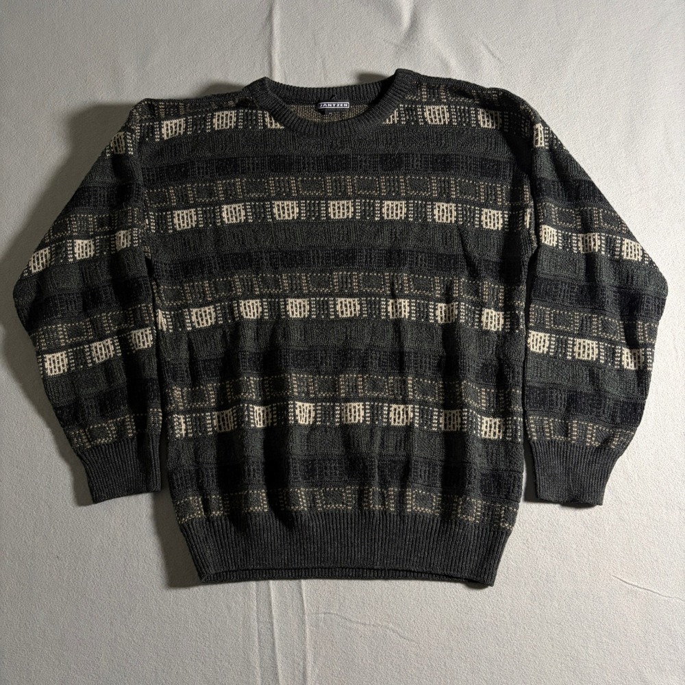 Jantzen Mens XL Vintage Textured‎ Geometric Knit Sweater Charcoal Gray Acrylic